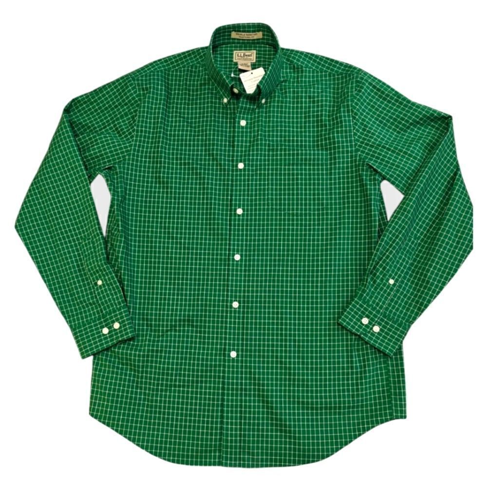 NWT L.L. BEAN GREEN WHITE CHECKERED CASUAL DRESS BUTTON DOWN SHIRT SIZE M REG